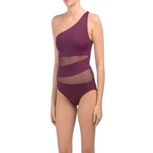 Carmen Marc Valvo One-Shoulder Wine Swimsuit Size 8